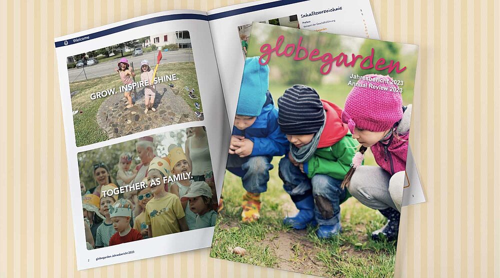 globegarden annual report 2023 with children in the grass on the cover